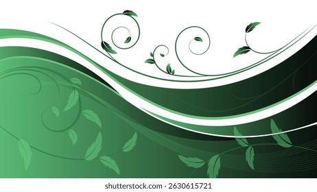 Elegant green floral background featuring swirls and leaves with smooth flowing curves on a white gradient backdrop suitable for digital or print use