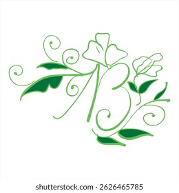 "Elegant Green Floral Design with Swirls and Leaves Forming Artistic Monogram – Nature-Inspired Botanical Art Illustration for Decoration"