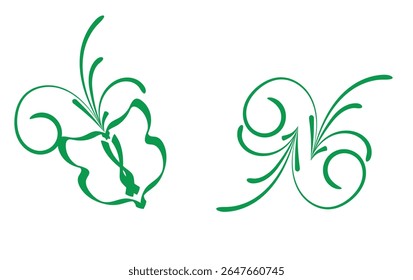 Elegant green floral swirl vector illustration. Decorative flourishes on white backdrop. Floral swirl illustration.