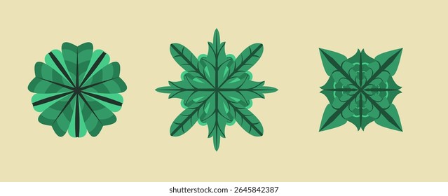 Elegante design de folhagem verde em três formas, perfeito para temas naturais, orgânicos ou ecológicos. Elementos gráficos versáteis para botânica, crescimento e beleza natural