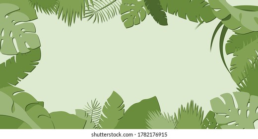 Elegant green frame at border background  with tropical wild leaves, palm trees, jungle for horizontal panoramic cover