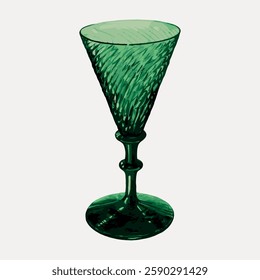 Elegant green glass goblet with intricate patterns. The green glass adds a touch of sophistication. Perfect for a vintage or classic glassware collection. Vintage art painting vector.