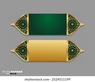 Elegante verde e ouro decorativo arabesco design islâmico conjunto de bandeiras vetoriais. Forma de banner islâmico infográfico com canto de quadro, caixa de texto, quadros de título.