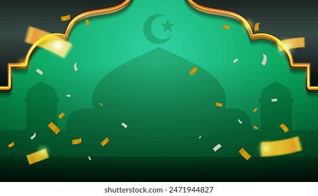 Elegant green and gold festive background featuring an Islamic mosque silhouette with crescent moon, ornate arches, and celebratory confetti