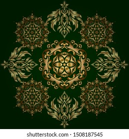 Elegant green and golden seamless pattern with and Mandala elements. Nice vector hand-drawn illustration.