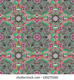 Elegant green and gray seamless pattern with and Mandala elements. Nice vector hand-drawn illustration.