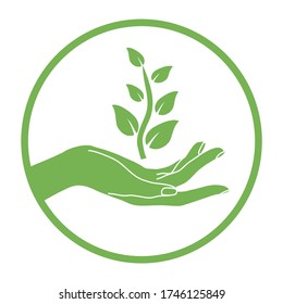 Elegant green hand with green plant and leaf in the outline green circle. Agricultural organic and natural products sign. healthy lifestyle concept. Sprout or new life logotype.  
