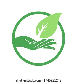 Elegant green hand with green plant and leaf in the outline green circle. Agricultural organic and natural products sign. healthy lifestyle concept. Sprout or new life logotype.  