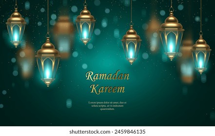 Elegant green Islamic lantern with bokeh background. suitable for Ramadan, Raya Hari, Eid al Adha Islamic holiday