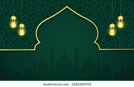 Elegant green islamic mosque traditional frame ornament with floral ornament seamless pattern banner design background