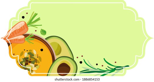 Elegant green label with the image of vegetable soup in a plate, surrounded by carrots, avocados, herbs, spices. For menu design, price tags, stickers. The concept of home supply.