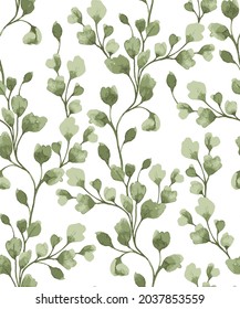 Elegant green leaf seamless pattern with cotton branches, design elements. Floral pattern for invitations, greeting cards, scrapbooking, print, gift wrap, manufacturing