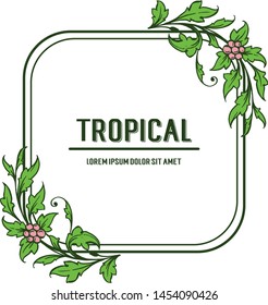 Elegant green leaves and floral frame, template tropical. Vector