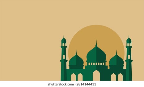 Elegant green mosque vector illustration featuring a large golden sun behind the architectural structure for islamic celebration holiday graphic design