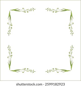 Elegant green ornamental frame with cereal spikelets, oat ears, decorative border, corners for greeting cards, banners, business cards, invitations, menus. Isolated vector illustration.	