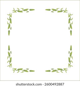 Elegant green ornamental frame with unripe cereal spikelets, wheat ears, decorative border, corners for greeting cards, banners, business cards, invitations, menus. Isolated vector illustration.	