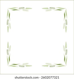 Elegant green ornamental frame with unripe cereal spikelets, wheat ears, decorative border, corners for greeting cards, banners, business cards, invitations, menus. Isolated vector illustration.	
