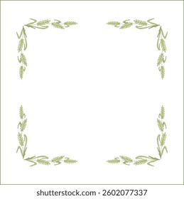 Elegant green ornamental frame with unripe cereal spikelets, wheat ears, decorative border, corners for greeting cards, banners, business cards, invitations, menus. Isolated vector illustration.	
