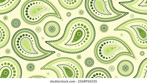 Elegant green paisley pattern on a cream background.  Perfect for textiles, wallpaper, or website design.  Features intricate details and a sophisticated, nature-inspired aesthetic.