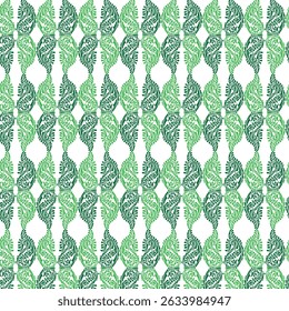Elegant green paisley pattern repeating on a white background for textile design and decorations.