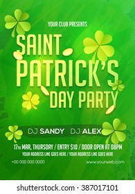 Elegant green Pamphlet, Banner or Flyer design with glossy shamrock leaves and gold coins for Happy St. Patrick's Day Party celebration.