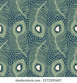 Elegant green peacock feather pattern featuring intricate heart motifs, flowing curves, and a symmetrical, nature-inspired design with a touch of sophistication, English garden inspired