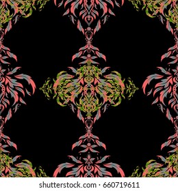 Elegant green, pink and orange vector template on black background. Vector gradient seamless texture. Realistic abstract seamless pattern. Metallic elements for frame, ribbon, banner, mandalas.