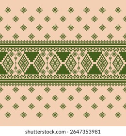 Elegant green pixel Thai pattern on soft beige, featuring classic geometric and floral motifs. Perfect for textiles, folk art, crafts, or digital decorative projects.