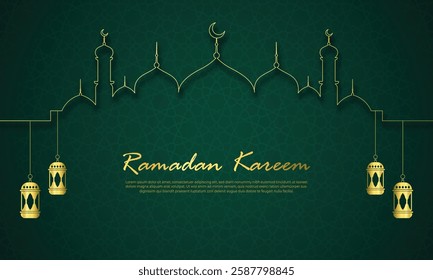elegant green Ramadan Kareem with mosque and lantern line art for festival banner template design decoration