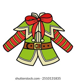 Elegant green and red cardigan for the New Years Elf costume with a bow and striped sleeves . Image produced without the use of any form of AI software at any stage.