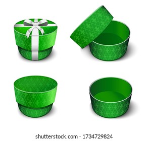 Elegant green round gift box for jewelry. Vector illustration cartoon
 in different angles.