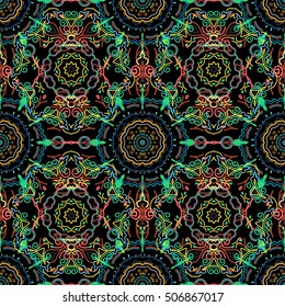 Elegant green seamless pattern with floral and Mandala elements. Nice vector hand-drawn illustration.