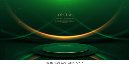 Elegant green stage background with green dot neon line and lighting effect sparkle. Empty podium show case. Luxury template award design. Vector illustration