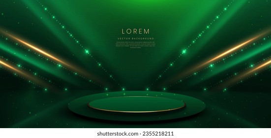 Elegant green stage background with green dot neon line and lighting effect sparkle. Luxury template award design. Vector illustration