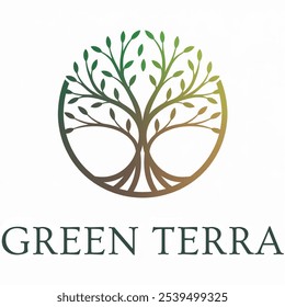 Elegante design de logotipo 'Green Terra' Apresentando um ícone de árvore circular estilizada que simboliza crescimento e sustentabilidade, com texto em uma fonte Sans-Serif moderna. Ideal para marcas ecológicas,