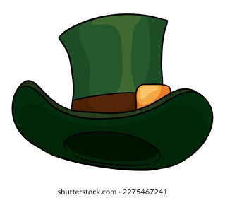 Elegant green top hat with brown band and golden buckle. Design in bottom view and cartoon style with outlines.