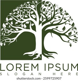 Elegant green tree logo with simple minimalist and creative lines suitable for company logos, banners, organizations and labels