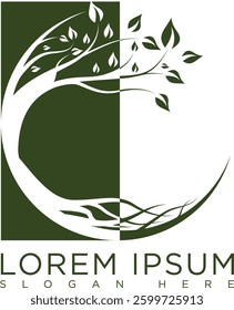 Elegant green tree logo with simple minimalist and creative lines suitable for company logos, banners, organizations and labels