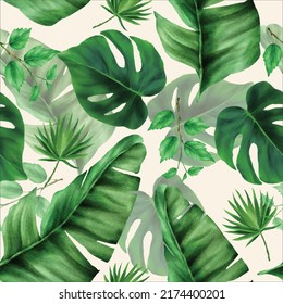 Elegant green tropical leaves watercolor seamless pattern