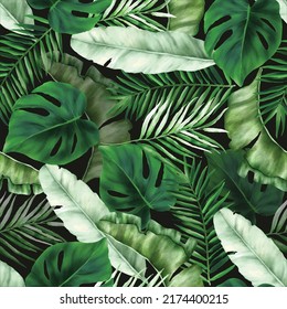 Elegant green tropical leaves watercolor seamless pattern