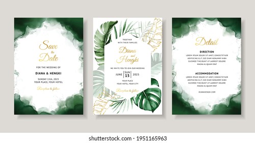 Elegant green tropical watercolor wedding invitation card template