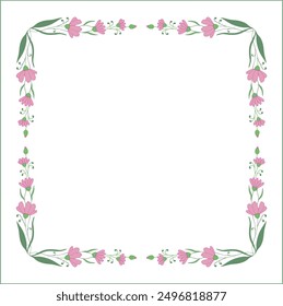 Eleganter grüner pflanzlicher Zierrahmen mit rosa Kosmosblumen, dekorativer Rahmen, Ecken für Grußkarten, Banner, Visitenkarten, Einladungen, Menüs. Isolierte Vektorgrafik.	
