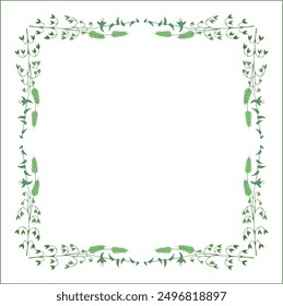 Elegant green vegetal ornamental frame with green spikelets, decorative border, corners for greeting cards, banners, business cards, invitations, menus. Isolated vector illustration.	
