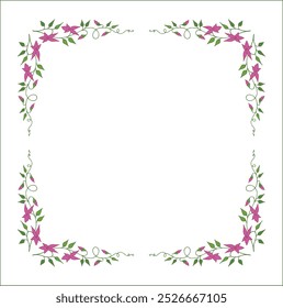 Elegant green vegetal ornamental frame with pink violet flowers, decorative border, corners for greeting cards, banners, business cards, invitations, menus. Isolated vector illustration.	
