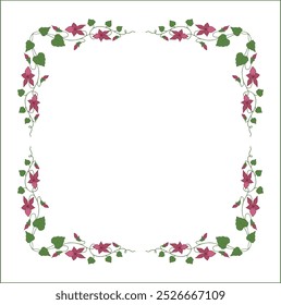 Elegant green vegetal ornamental frame with pink violet flowers, decorative border, corners for greeting cards, banners, business cards, invitations, menus. Isolated vector illustration.	
