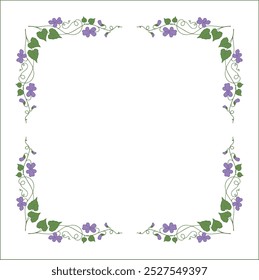 Elegant green vegetal ornamental frame with violet flowers, decorative border, corners for greeting cards, banners, business cards, invitations, menus. Isolated vector illustration.	
