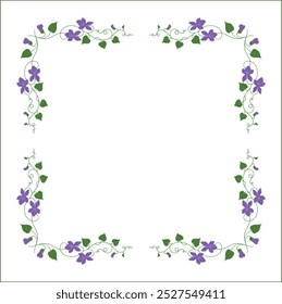 Elegant green vegetal ornamental frame with violet flowers, decorative border, corners for greeting cards, banners, business cards, invitations, menus. Isolated vector illustration.	

