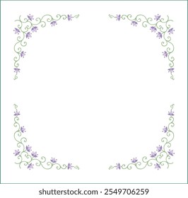 Elegant green vegetal ornamental frame with leaves and purple flowers, decorative border, corners for greeting cards. Isolated vector illustration	
