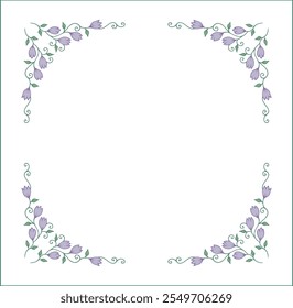 Elegant green vegetal ornamental frame with leaves and purple flowers, decorative border, corners for greeting cards. Isolated vector illustration	
