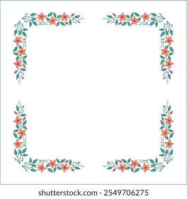 Elegant green vegetal ornamental frame with leaves and yellow flowers, decorative border, corners for greeting cards. Isolated vector illustration	
